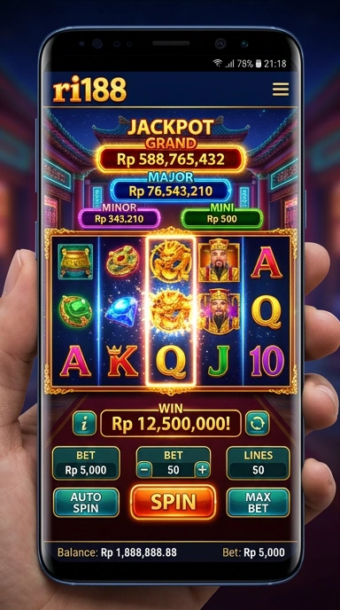Tampilan utama aplikasi ri188 dengan berbagai kategori.